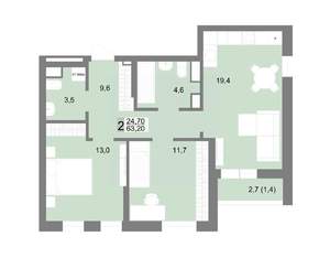 2-к квартира, строящийся дом, 63м2, 17/25 этаж