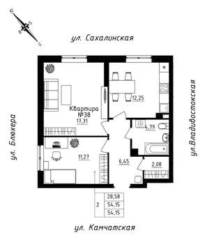 2-к квартира, строящийся дом, 54м2, 4/25 этаж
