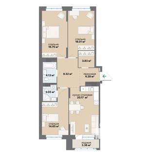 3-к квартира, вторичка, 96м2, 16/25 этаж