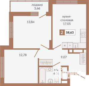 2-к квартира, строящийся дом, 59м2, 19/31 этаж