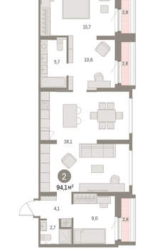 2-к квартира, вторичка, 94м2, 2/9 этаж
