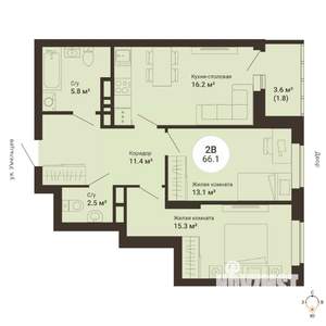 2-к квартира, сданный дом, 66м2, 22/25 этаж