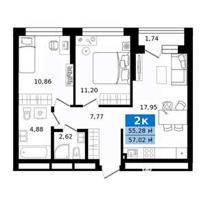 2-к квартира, строящийся дом, 57м2, 20/23 этаж