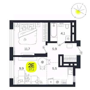 2-к квартира, вторичка, 37м2, 19/27 этаж
