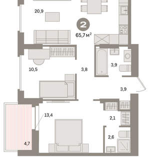 2-к квартира, вторичка, 66м2, 5/16 этаж