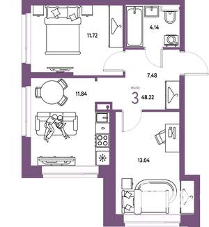 3-к квартира, строящийся дом, 48м2, 11/24 этаж