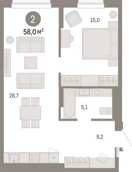 1-к квартира, вторичка, 58м2, 2/17 этаж