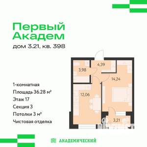 1-к квартира, вторичка, 36м2, 17/17 этаж