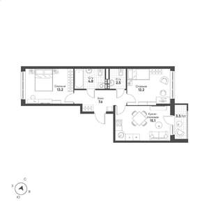 2-к квартира, строящийся дом, 57м2, 9/15 этаж