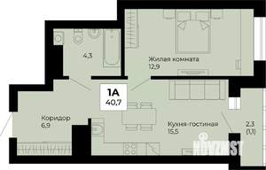 1-к квартира, строящийся дом, 41м2, 9/25 этаж