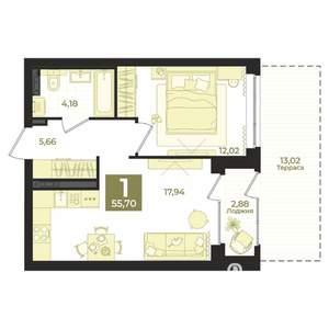 1-к квартира, вторичка, 56м2, 2/12 этаж