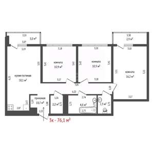 3-к квартира, вторичка, 76м2, 8/16 этаж