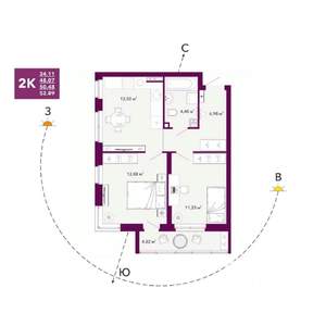 2-к квартира, строящийся дом, 50м2, 6/20 этаж