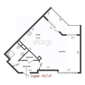Студия квартира, вторичка, 44м2, 7/19 этаж