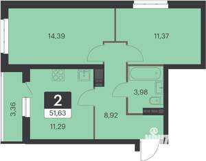 2-к квартира, вторичка, 51м2, 9/15 этаж