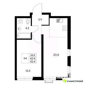 1-к квартира, вторичка, 43м2, 1/31 этаж