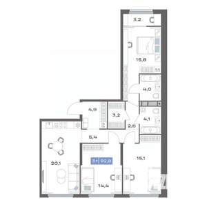 3-к квартира, строящийся дом, 93м2, 15/20 этаж
