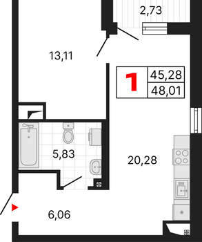 1-к квартира, вторичка, 48м2, 3/25 этаж