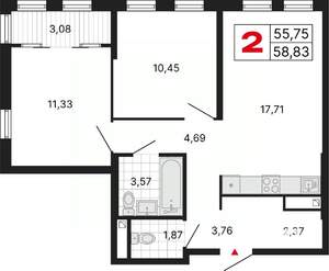 2-к квартира, вторичка, 59м2, 16/25 этаж