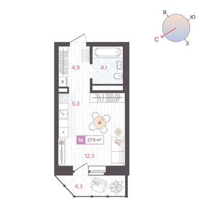 Студия квартира, строящийся дом, 28м2, 17/25 этаж