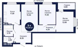 3-к квартира, сданный дом, 71м2, 13/21 этаж