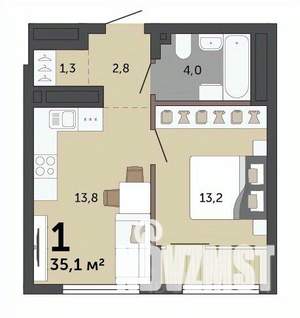 1-к квартира, строящийся дом, 35м2, 15/15 этаж