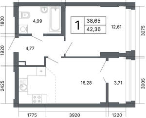 1-к квартира, вторичка, 42м2, 19/24 этаж