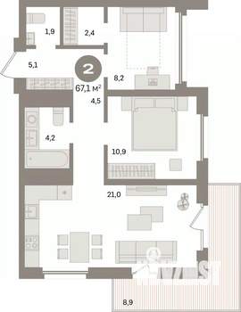2-к квартира, вторичка, 67м2, 4/24 этаж