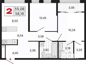 2-к квартира, вторичка, 58м2, 23/25 этаж