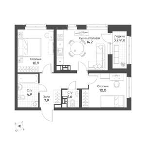 2-к квартира, вторичка, 51м2, 12/16 этаж