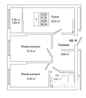 2-к квартира, строящийся дом, 57м2, 10/25 этаж