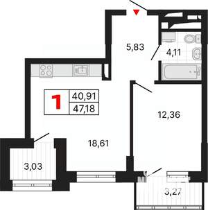 1-к квартира, вторичка, 47м2, 22/25 этаж