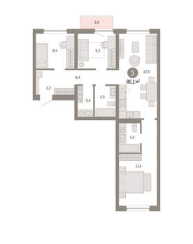3-к квартира, вторичка, 85м2, 7/16 этаж