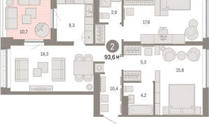 2-к квартира, вторичка, 94м2, 8/16 этаж