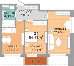 2-к квартира, строящийся дом, 57м2, 19/24 этаж