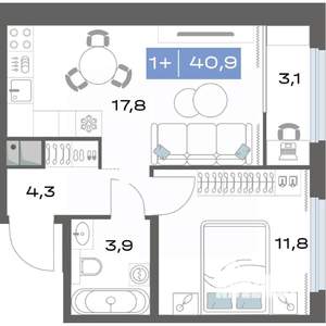 1-к квартира, вторичка, 41м2, 16/17 этаж