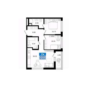 2-к квартира, строящийся дом, 62м2, 3/8 этаж