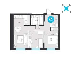 2-к квартира, вторичка, 52м2, 3/22 этаж