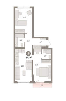 2-к квартира, вторичка, 68м2, 3/16 этаж