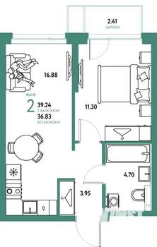 2-к квартира, строящийся дом, 39м2, 6/24 этаж