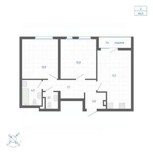 2-к квартира, вторичка, 65м2, 10/10 этаж