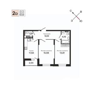 2-к квартира, строящийся дом, 59м2, 11/25 этаж
