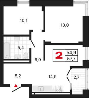 2-к квартира, вторичка, 58м2, 20/22 этаж