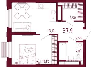 1-к квартира, вторичка, 38м2, 18/32 этаж