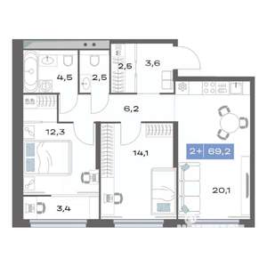 2-к квартира, строящийся дом, 69м2, 12/25 этаж