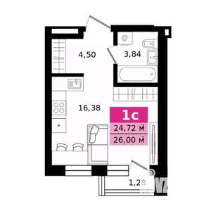 Студия квартира, строящийся дом, 26м2, 15/27 этаж