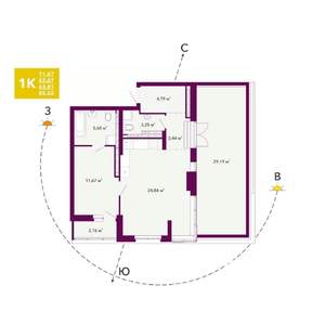 1-к квартира, строящийся дом, 64м2, 19/20 этаж