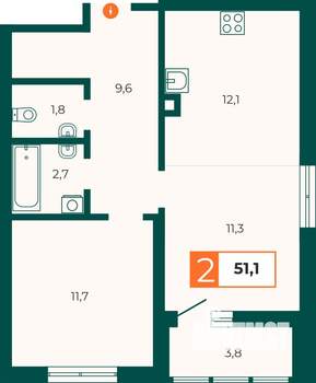 2-к квартира, строящийся дом, 51м2, 7/25 этаж