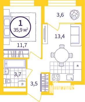 1-к квартира, вторичка, 34м2, 12/24 этаж