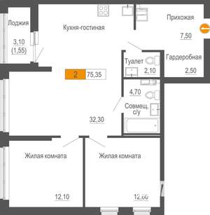 2-к квартира, строящийся дом, 75м2, 4/25 этаж